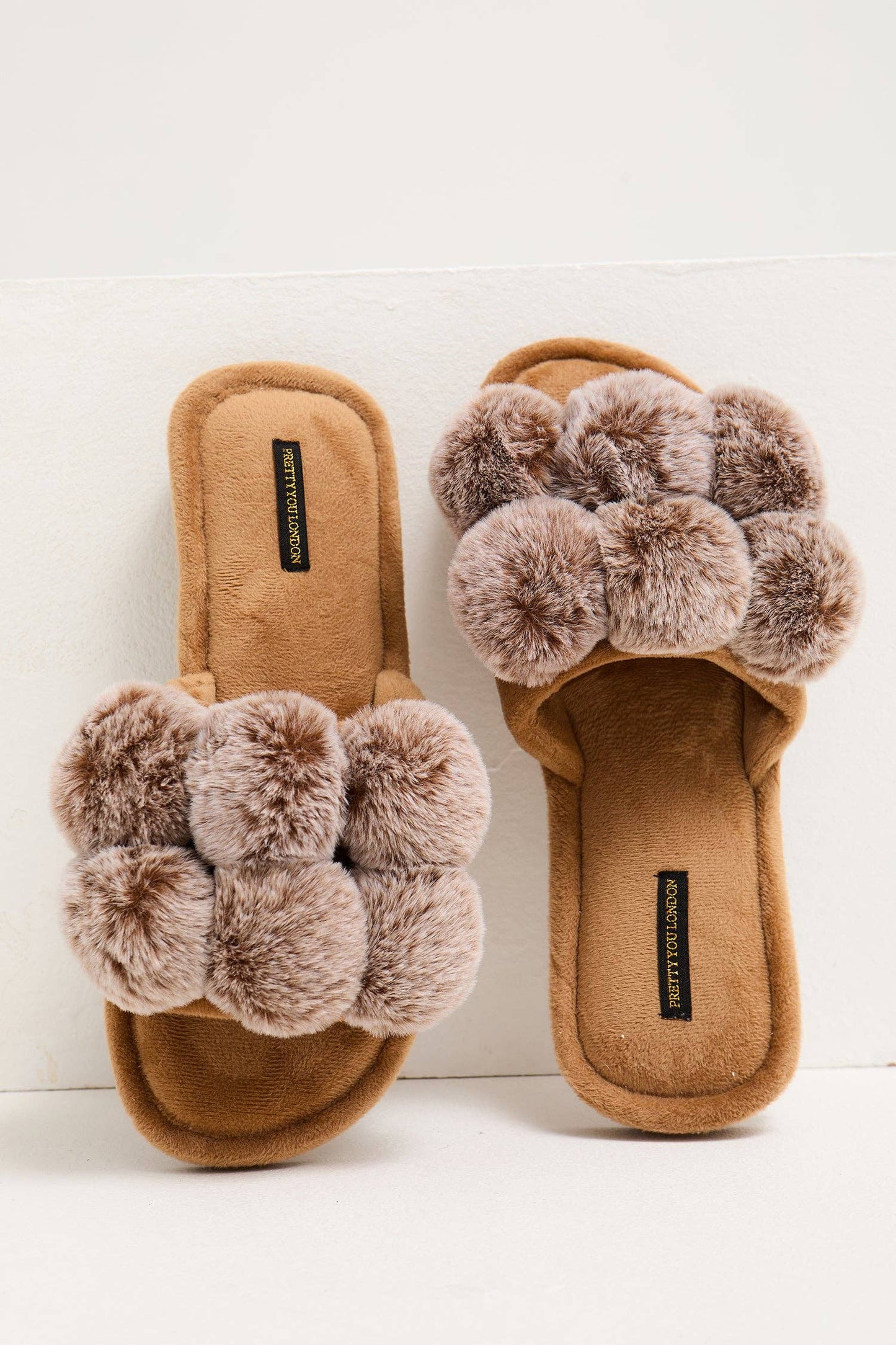 Dolly Pom Pom Slippers in Caramel